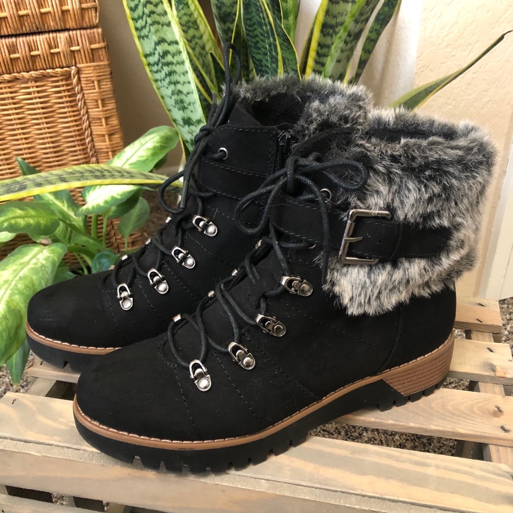 Black Fur Accented Hiking Boots 9.5 worn once!